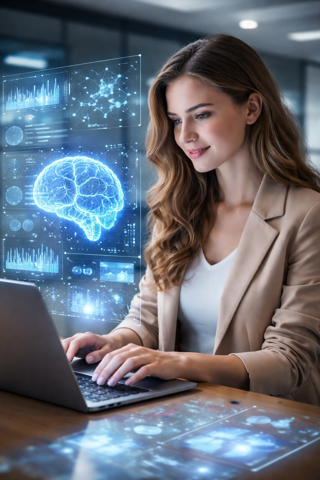 Image of a woman software engineer using a laptop to use AI to enhance the software development process. 