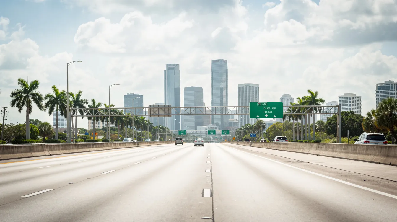 The image depicts a Florida highway stretching into the distance, with a vibrant city skyline visible on the horizon. This scene reflects the bustling atmosphere of urban life, ideal for those considering car shipping services or auto transport options in Florida.
