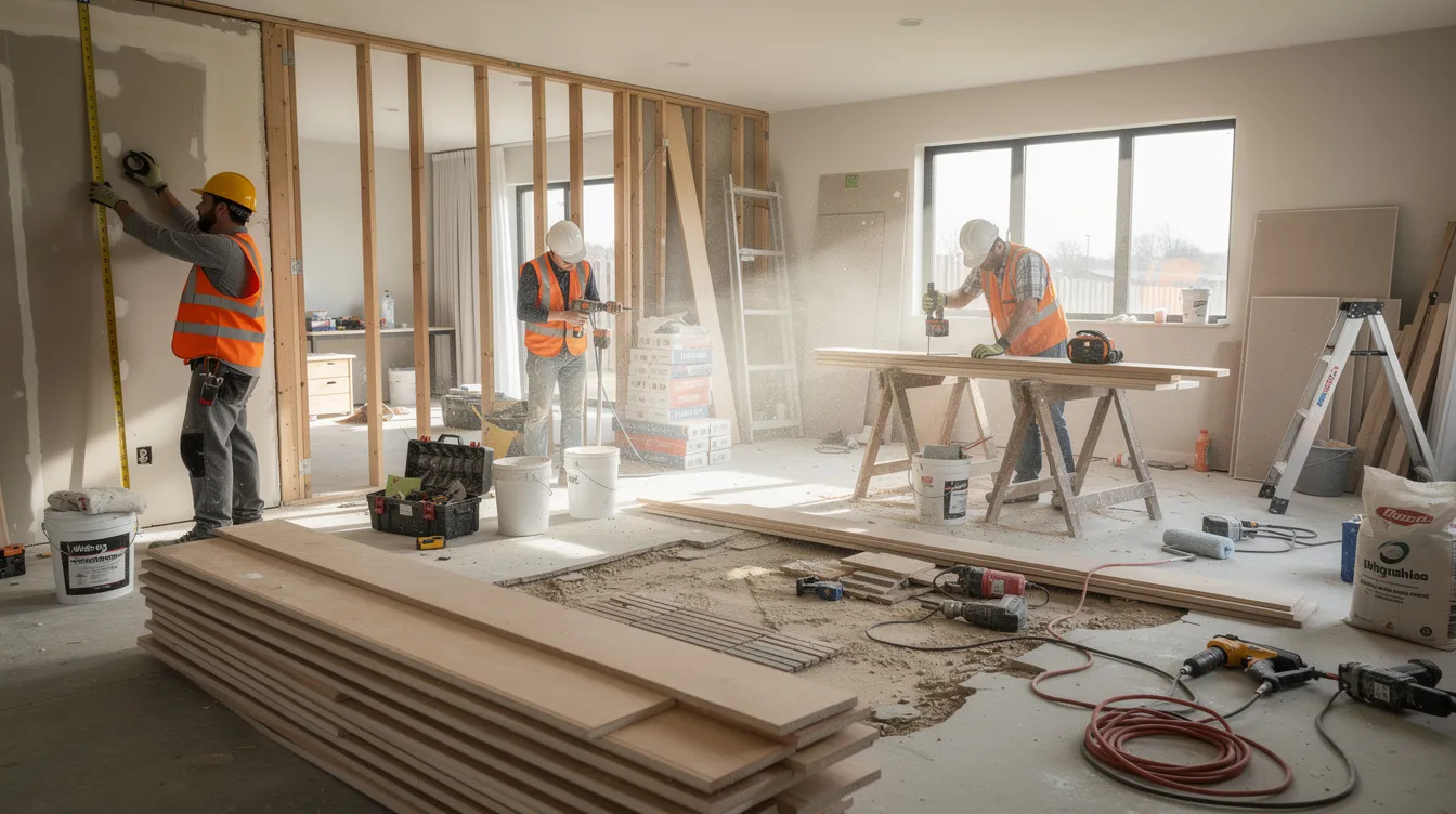 A group of construction workers is actively renovating the interior of a residential property, surrounded by various tools and materials essential for home improvements. The scene highlights the process of enhancing the home’s value, which can impact factors like home equity and mortgage balance for homeowners considering a home equity loan or line of credit.