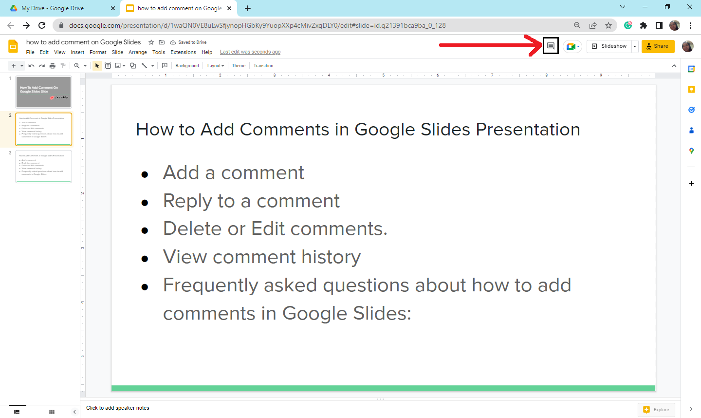 Click "Open Comment History" on the top corner of your Google Slides to see the old comments you had.