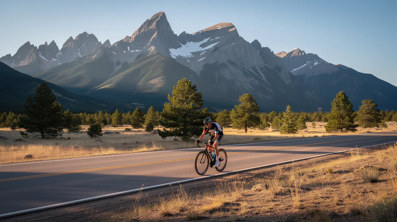 A cyclist is riding along a scenic road with Pikes Peak and the Rocky Mountains in the background, under a clear blue sky. This image captures the beauty of the Colorado Springs area, highlighting the importance of safety for cyclists who may face risks from negligent drivers and potential bicycle accidents.