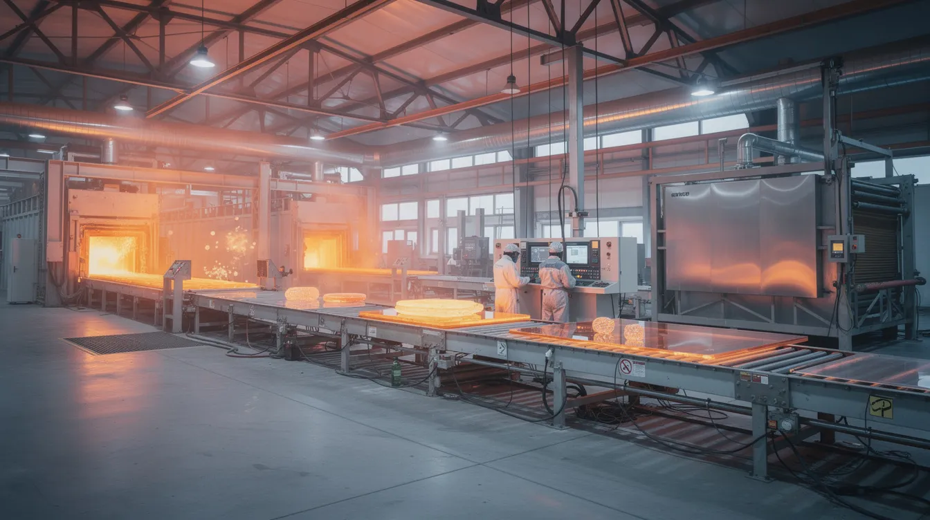 The image depicts a glass manufacturing facility featuring large industrial furnaces and cooling equipment used in the glass tempering process. The scene highlights the rigorous heating and rapid cooling methods employed to produce toughened glass, ensuring its strength and safety for applications like tempered glass windows and frameless shower doors.