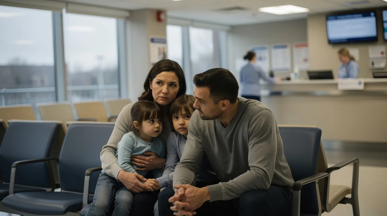 A family of four sits together in a hospital waiting area, their expressions filled with concern as they await news about a loved one. The atmosphere reflects the emotional distress often experienced in medical malpractice cases, highlighting the importance of accurate diagnosis and proper treatment in the doctor-patient relationship.
