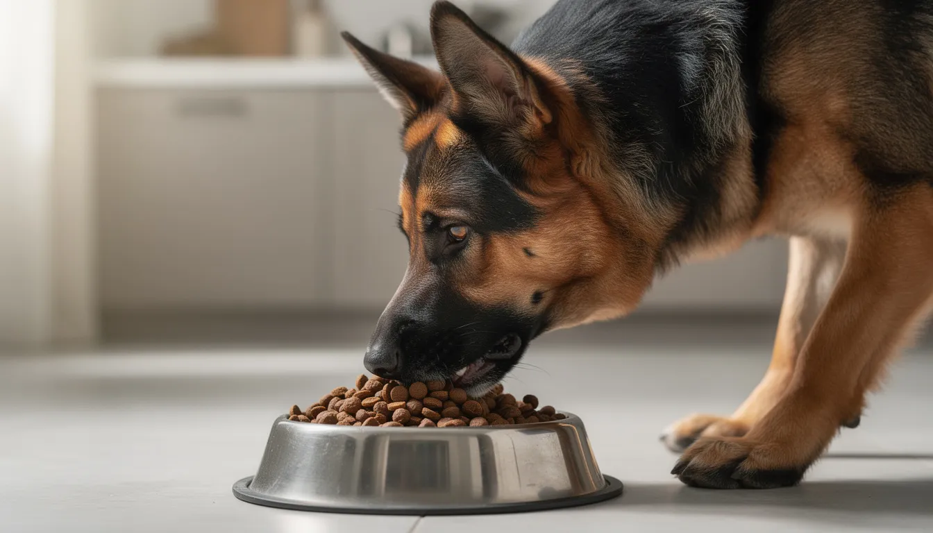 German shepherd enjoying a bowl of premium dog food
