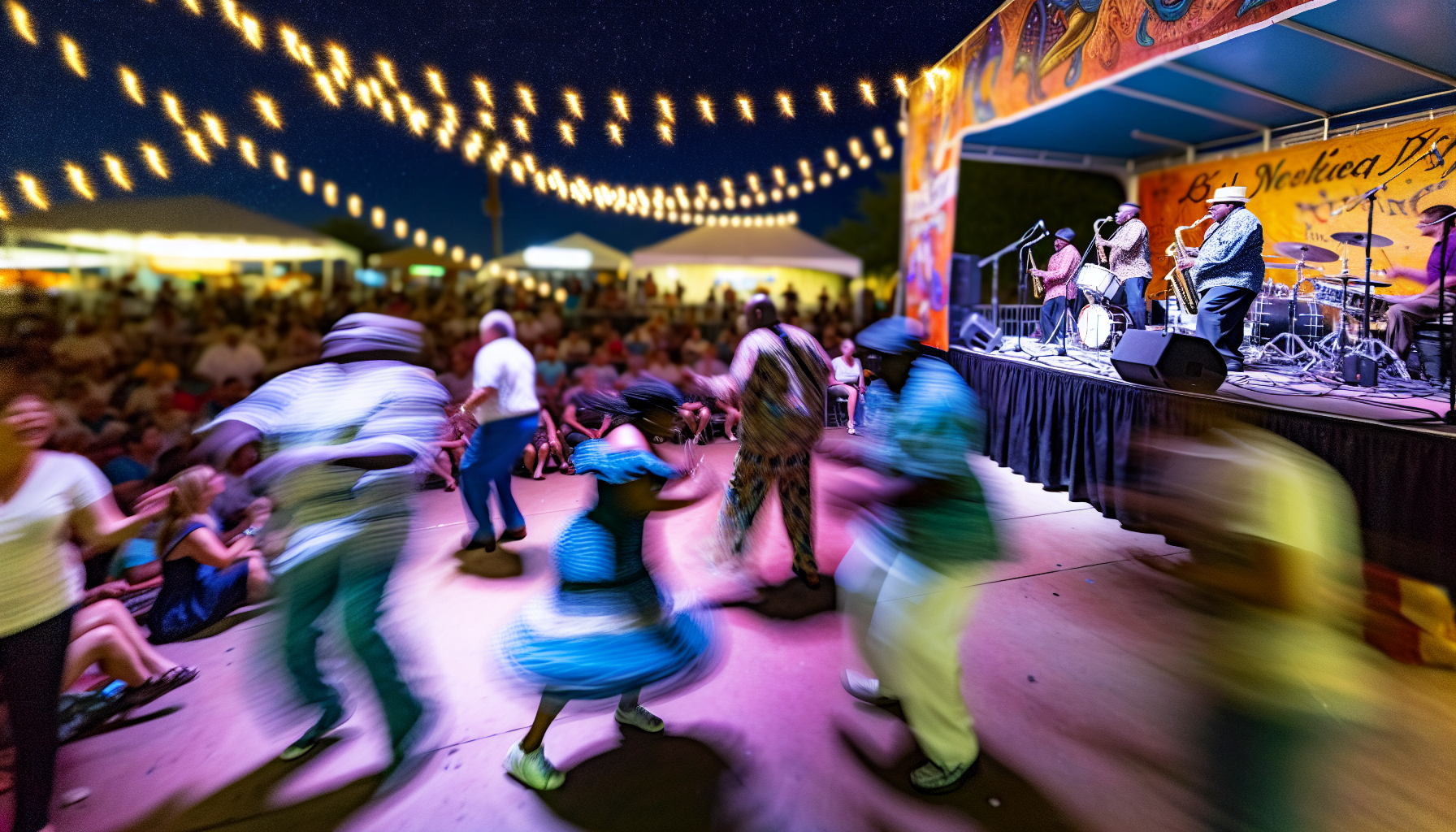 A vibrant Zydeco music festival with people dancing and enjoying the music