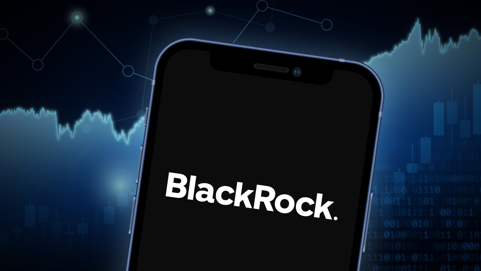 Image of a mobile phone, with BlackRock image and bullish graph. 