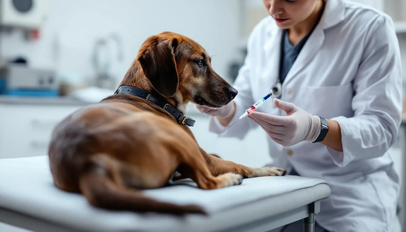 A veterinarian is drawing blood from a dog