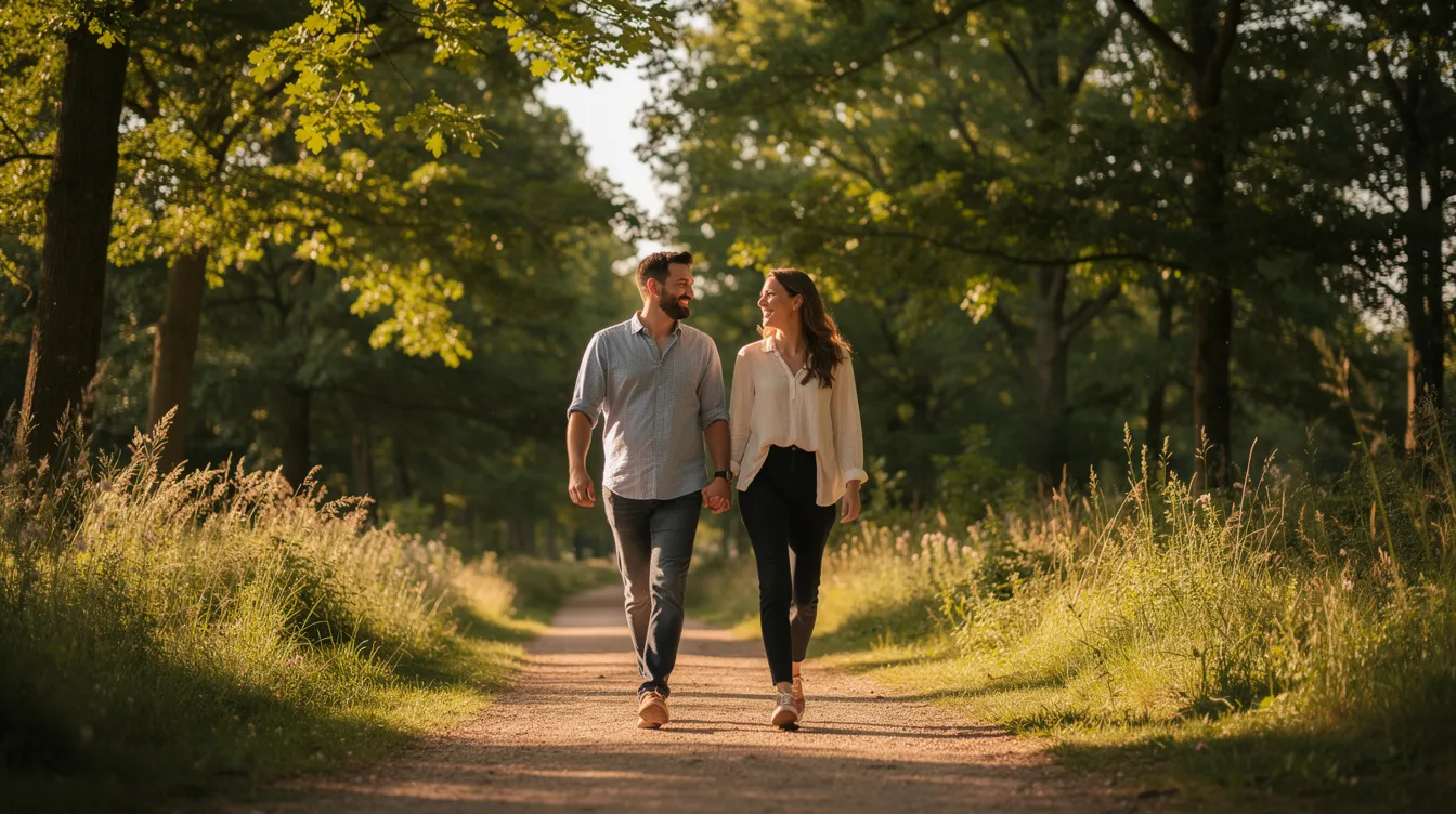 Two people are walking together in a serene outdoor setting, enjoying each other's company while exploring the beauty of nature. This scene reflects the essence of modern dating, where meaningful connections and relationship compatibility play a significant role in fostering romantic relationships and personal well-being.