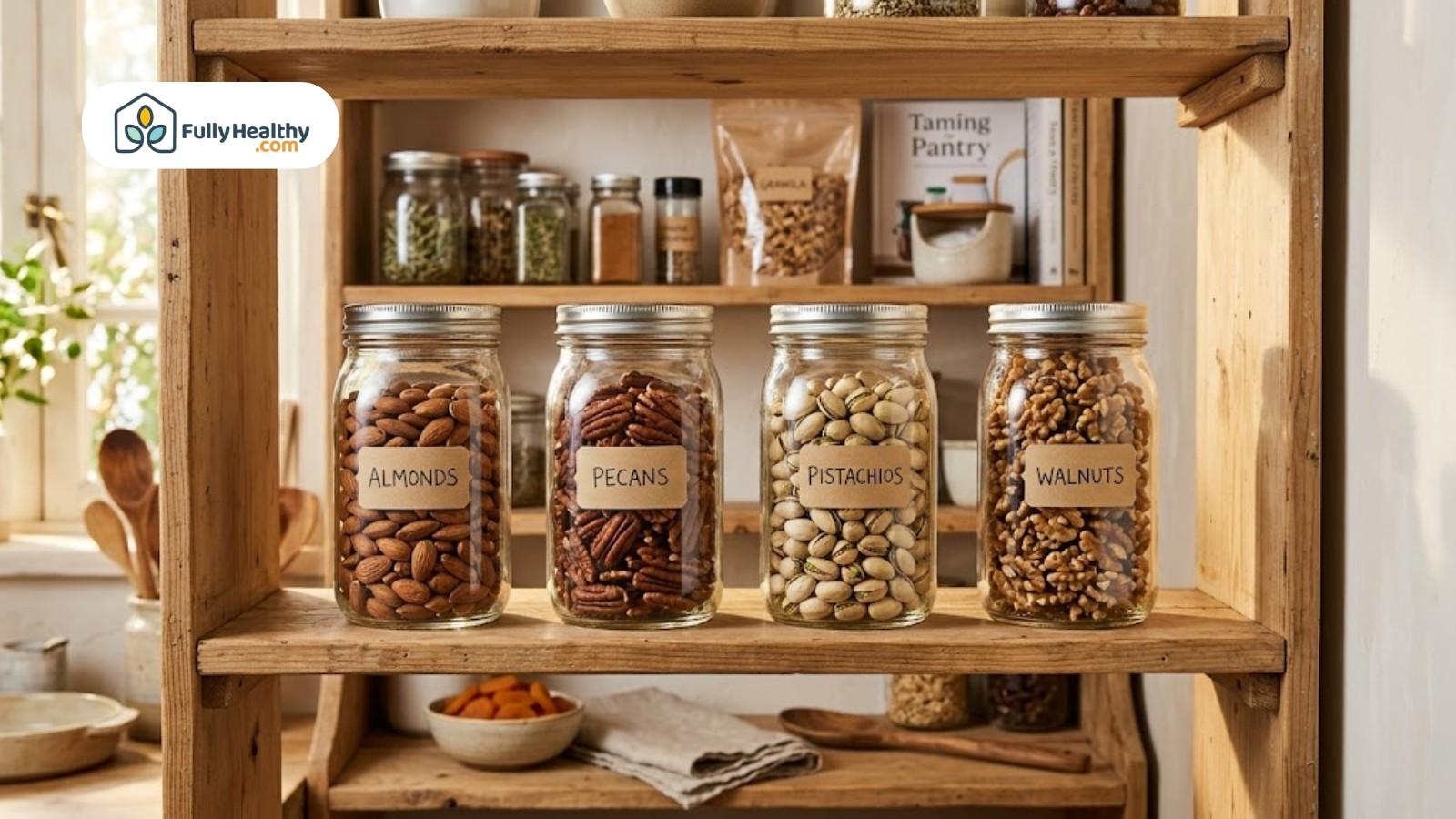 Glass jars filled with assorted nuts organized on wooden kitchen shelf