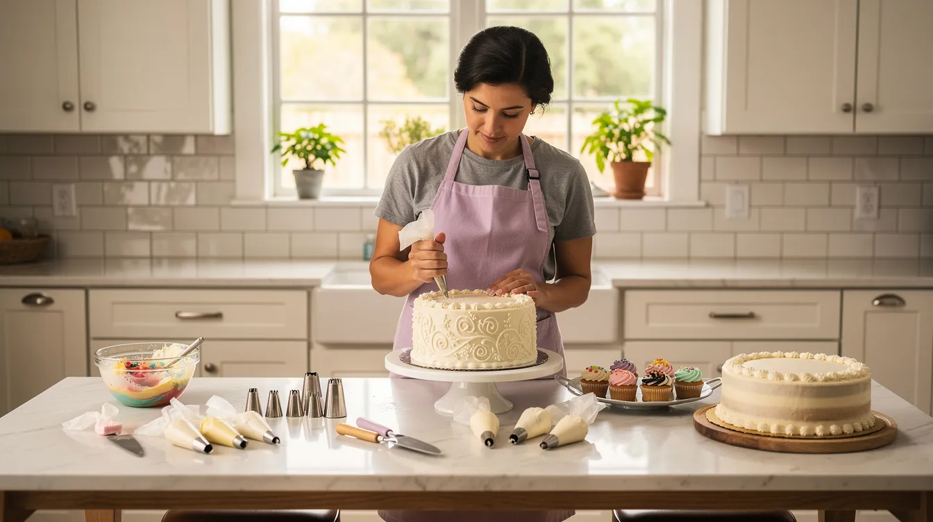 fcf382b0 8c91 4c79 a917 5e5eb42beec7 A person is skillfully decorating custom cakes in a bright home kitchen, showcasing their talent in a vibrant and inviting space. This scene reflects the potential for small business ideas in Bangalore, particularly in the food industry, where creativity meets market demand for personalized treats.
