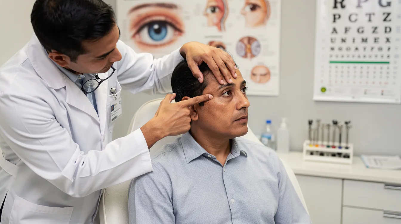 En la imagen, una persona está en una consulta médica con un especialista que señala la zona periocular, específicamente debajo de los ojos, donde se pueden observar las bolsas y la hinchazón. El médico parece estar explicando un posible tratamiento, como la blefaroplastia inferior, para mejorar la apariencia de los párpados y el contorno del rostro.