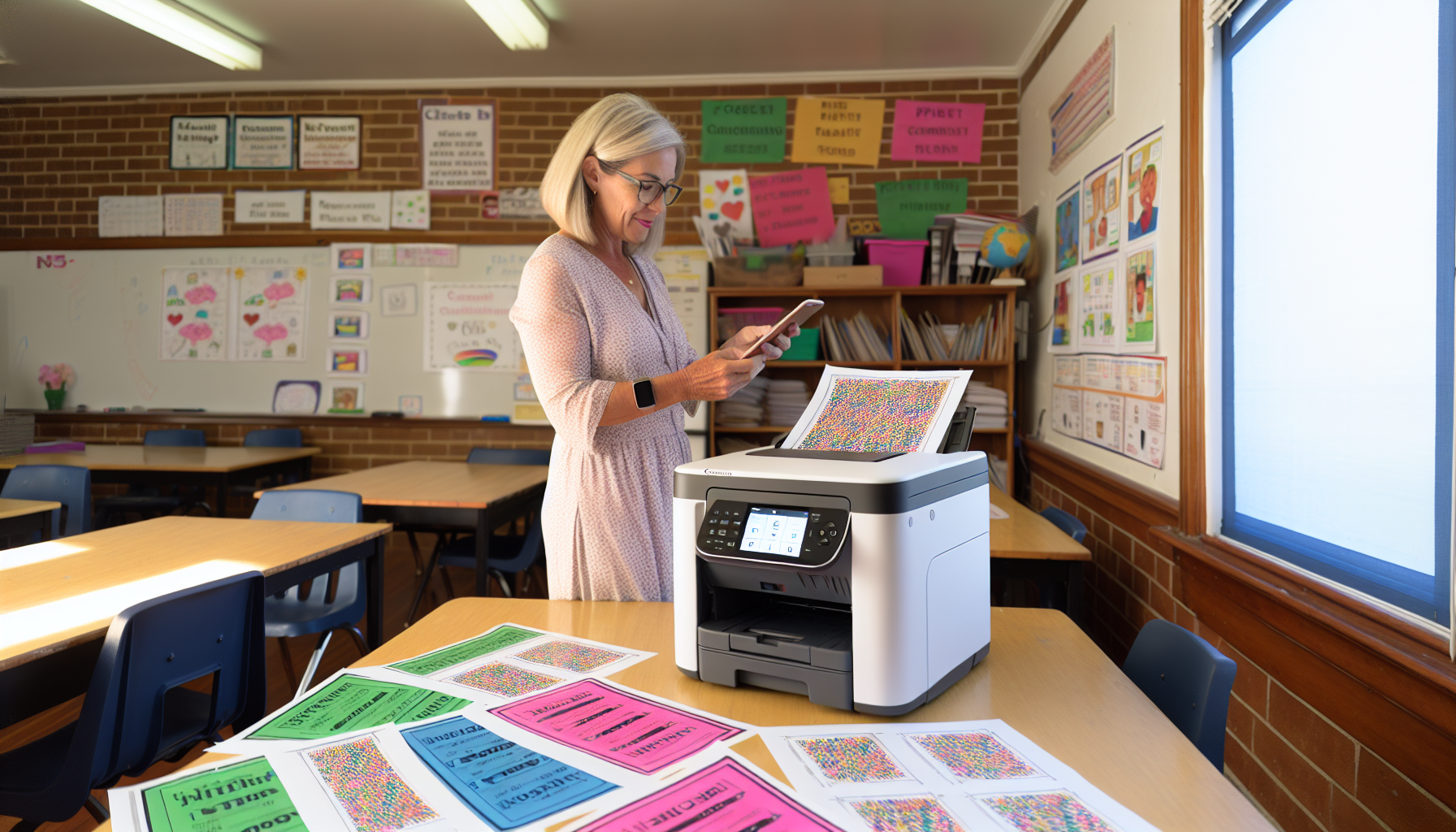 Teacher using a wireless classroom printer