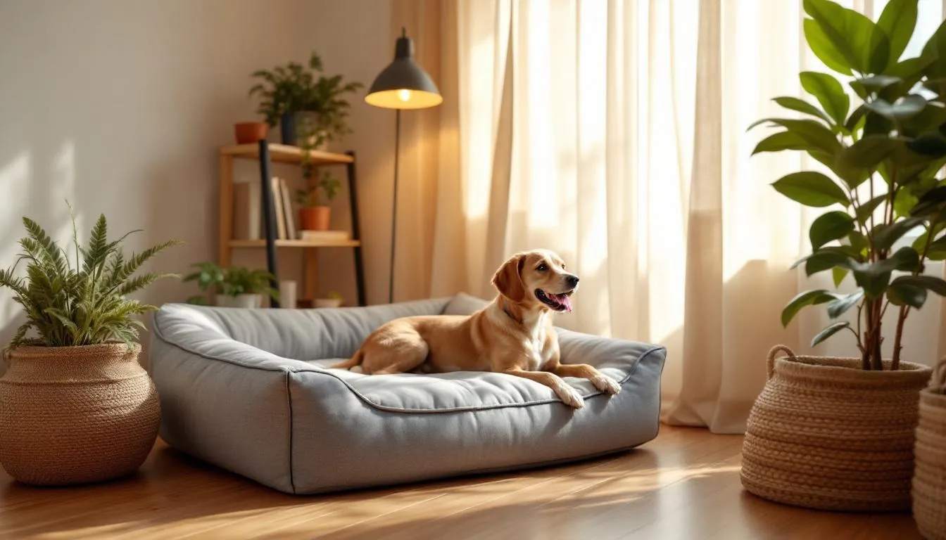 A cozy dog bed sits in a quiet corner of the room, where a sleeping dog twitches gently, possibly dreaming. The dog