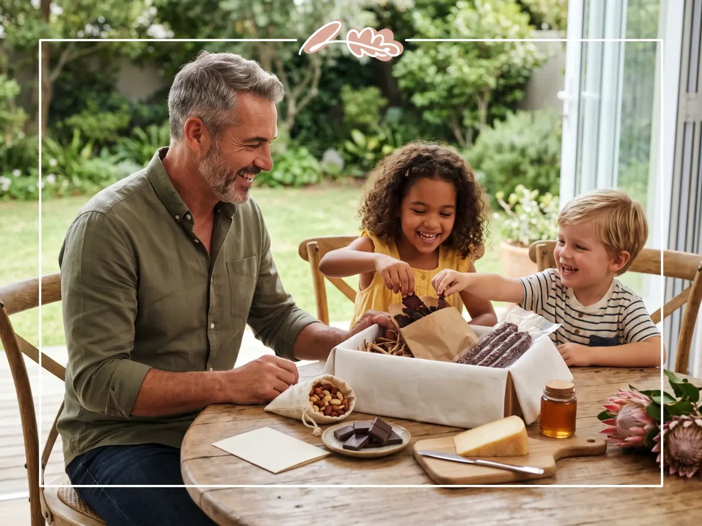 Father and grandkids opening a Father's Day biltong, droewors, and protea hamper at a Cape Town garden table