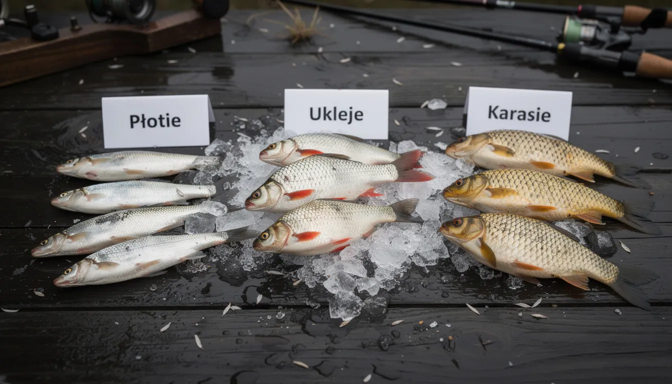 Na zdjęciu znajduje się zestaw różnych naturalnych przynęt na szczupaka, w tym płocie, ukleje i karasie, które są popularnymi wyborami wśród wędkarzy. Te przynęty, idealne do poławiania w wodach stojących, przyciągają drapieżniki, co zwiększa szanse na skuteczny połów.