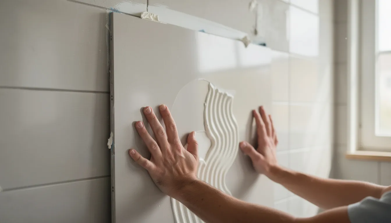 Twee handen drukken een groot wandpaneel, gemaakt van waterbestendig materiaal, tegen een badkamermuur met montagekit. Het paneel heeft een moderne look en is ideaal voor vochtige ruimtes, zoals een badkamer of douche.