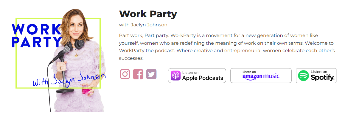 Work Party with Jaclyn Johnson. Source. Dearmedia.com