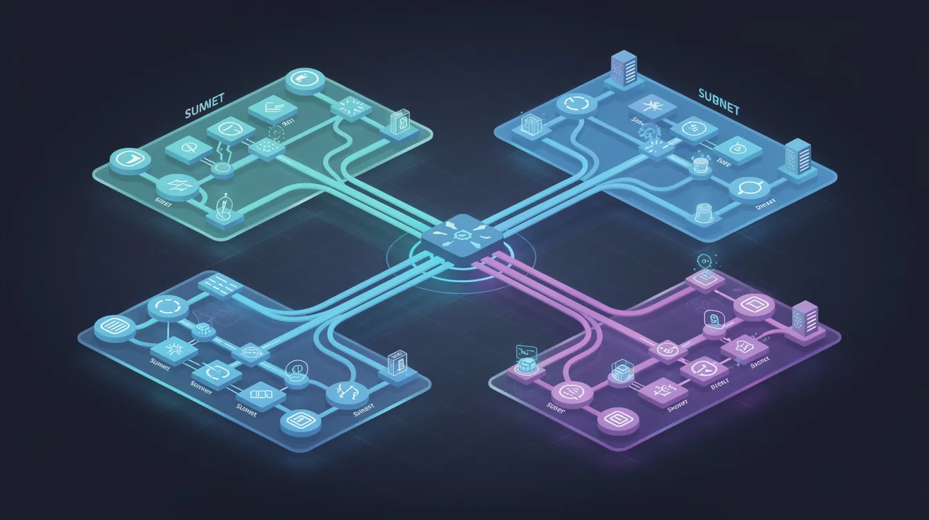 The digital illustration depicts a complex network of branching paths that symbolize subnet architecture, showcasing the interconnectedness of layer 1 blockchains. This visual representation highlights the foundational infrastructure that supports high transaction throughput and robust security within blockchain ecosystems.