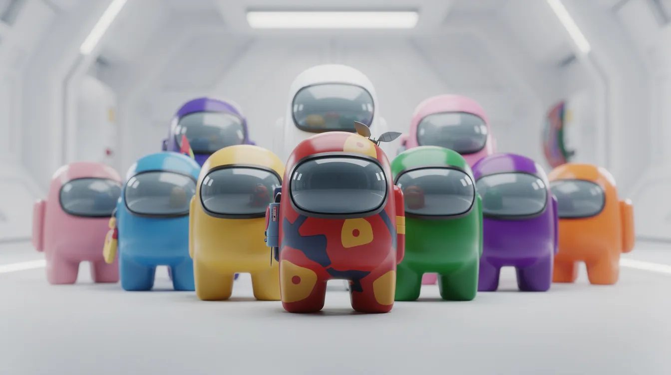 A group of colorful Among Us characters stands together, with one character appearing slightly different, suggesting it might be the impostor among them. The scene captures the tension of the game, as players must identify the suspicious character while completing their tasks and discussing strategies.