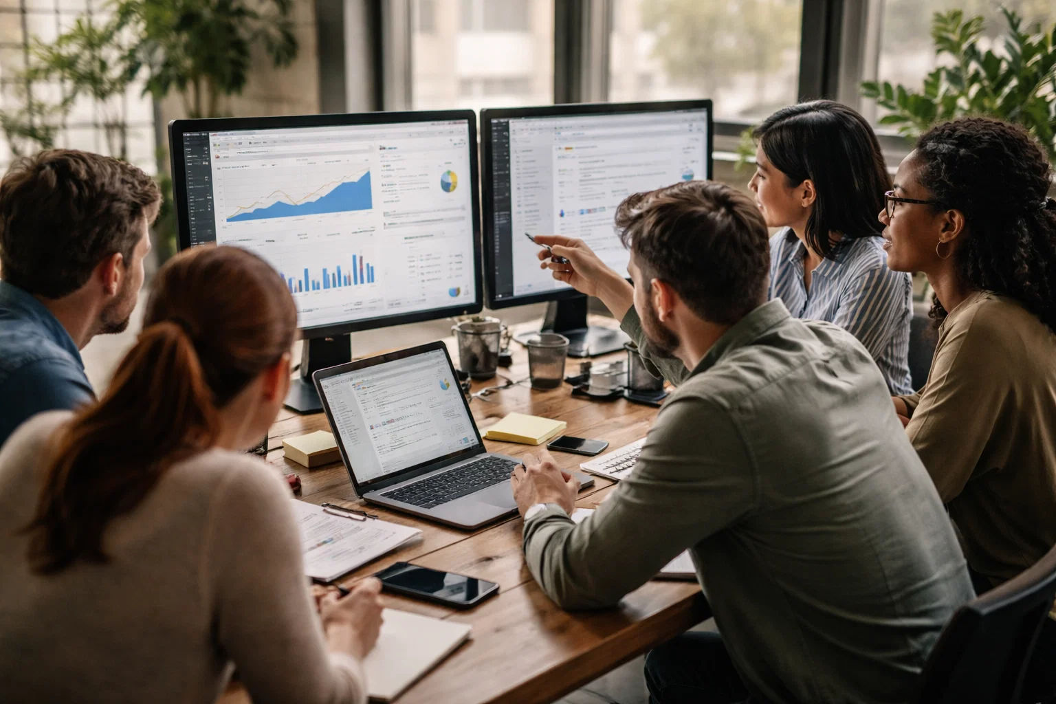 Marketing team working together on link building and improving search visibility for a travel company.