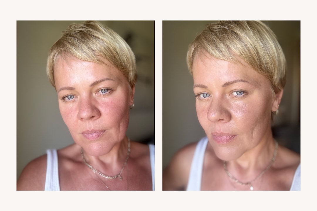 before and after dewy applying ilia super serum skin tint
