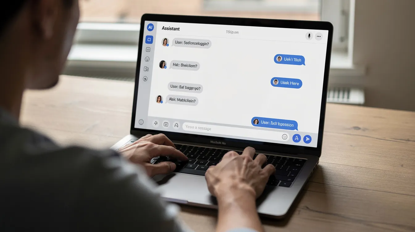 Une personne travaille sur un ordinateur portable, avec une interface de chat d'intelligence artificielle visible à l'écran, suggérant des outils de reformulation de texte. L'utilisateur semble concentré sur l'écriture d'un article, utilisant l'IA pour améliorer la clarté et la qualité de son contenu.