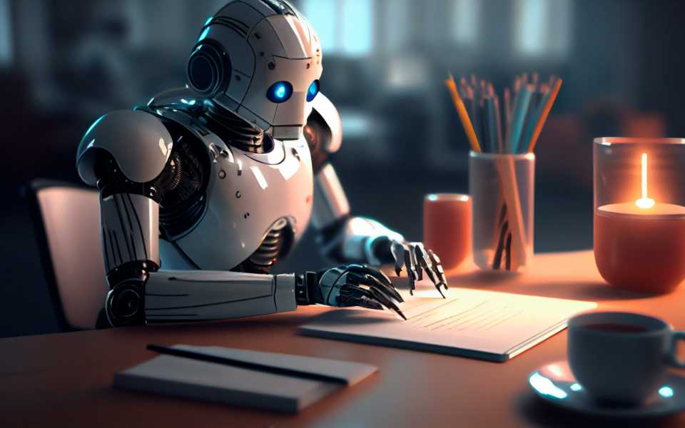 robot works at a desk with pencils and a tablet representing AI content writing