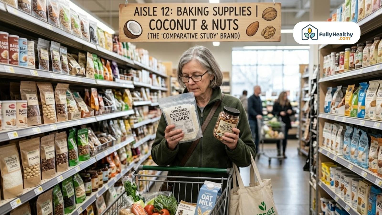 Woman compares shredded coconut flakes and mixed nuts in grocery aisle