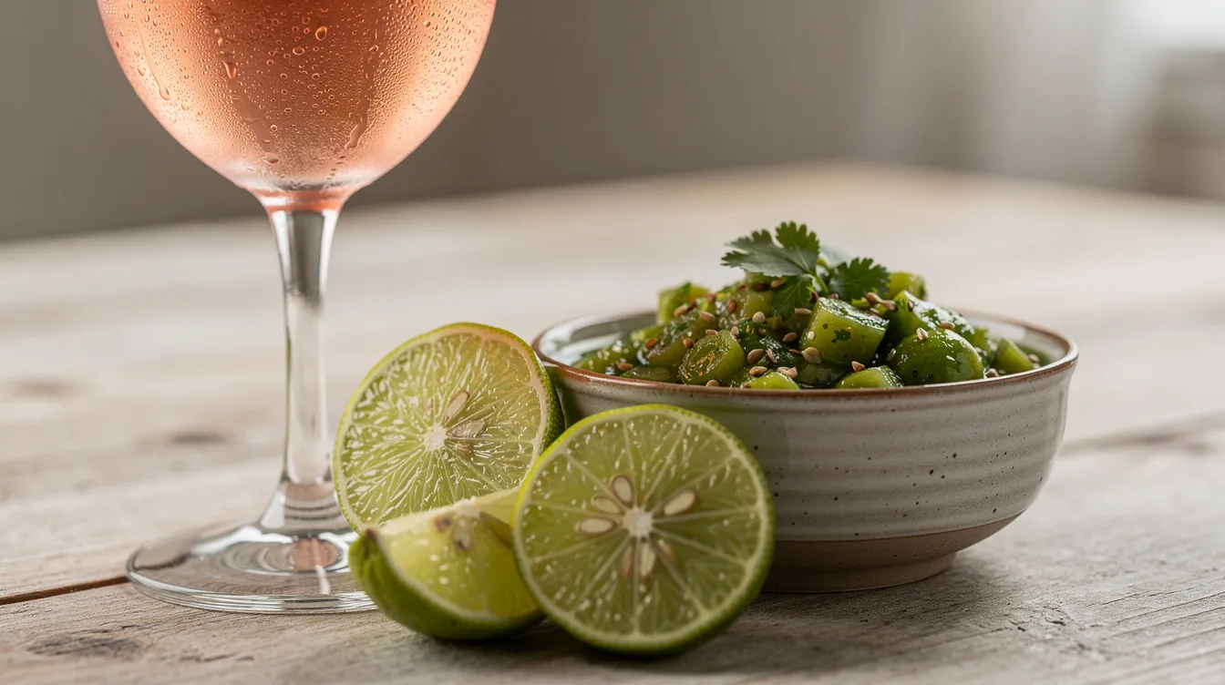 A chilled glass of pale rosé wine sits invitingly next to a small bowl of fresh green tomatillo salsa and sliced limes, perfect for pairing with vibrant Mexican dishes. The scene captures a refreshing combination ideal for enjoying with tacos or other flavorful Mexican cuisine.