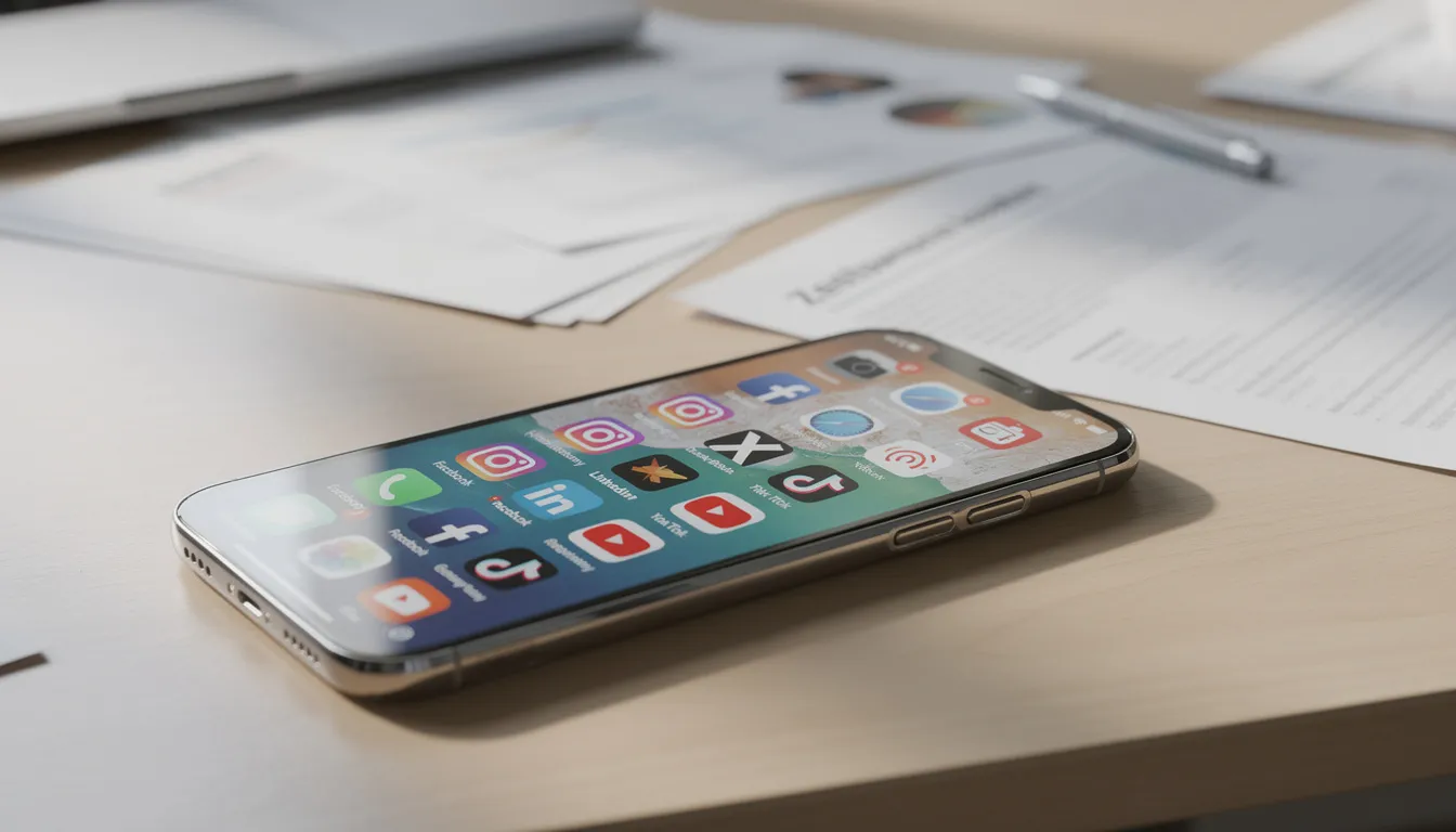 Na zdjęciu widoczny jest smartfon z wyświetlonymi ikonami mediów społecznościowych, a w tle znajduje się biurko z dokumentami, co może sugerować pracę agenta ubezpieczeniowego oraz czynności agencyjne związane z pozyskiwaniem klientów. W otoczeniu można dostrzec elementy związane z branżą ubezpieczeniową, co podkreśla kontekst działalności ubezpieczeniowej.