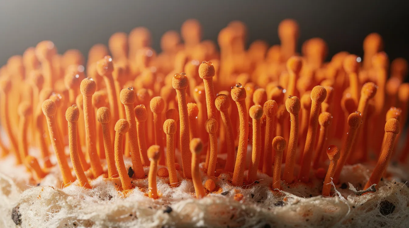 A close-up image showcases bright orange cordyceps militaris fruiting bodies growing on a substrate, highlighting their unique texture and vibrant color. These medicinal mushrooms are known for their potential health benefits, including improving endurance exercise performance and enhancing oxygen utilization, making them popular among athletes seeking to boost their athletic performance.