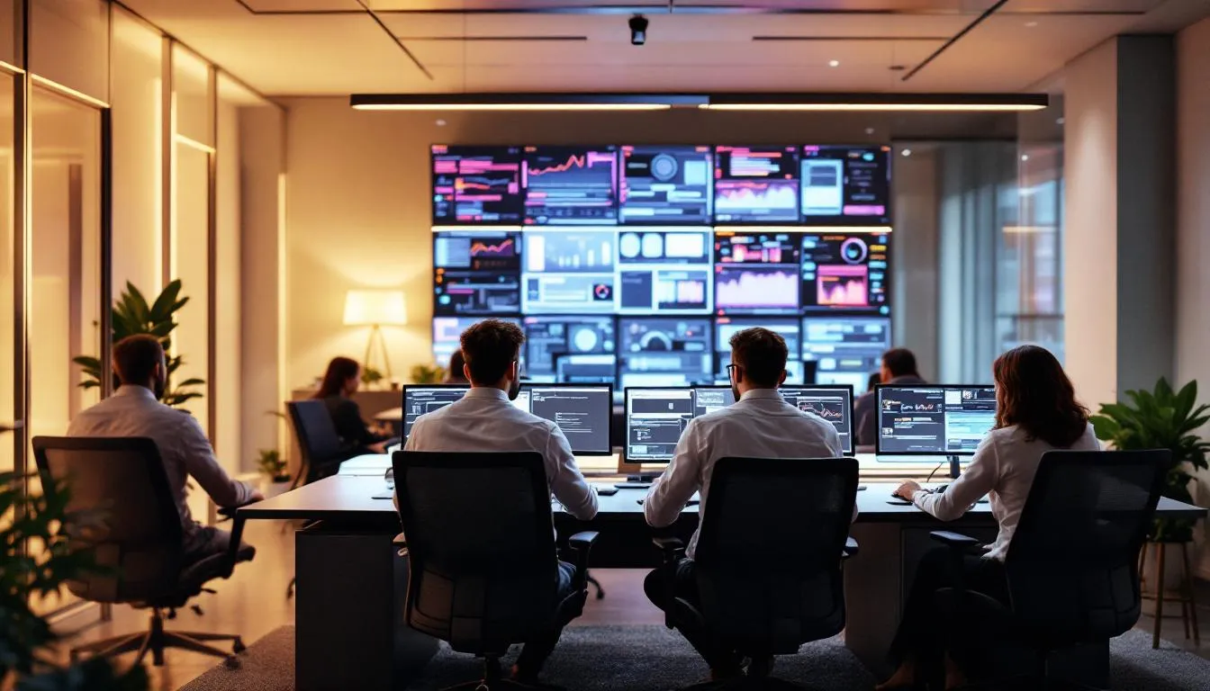 A diverse team of cybersecurity professionals collaborates around computer workstations in a modern security operations center, actively engaging in threat detection and data analysis to combat cyber threats. The environment is equipped with advanced AI tools and technologies, emphasizing the importance of human expertise alongside automated systems in addressing emerging security challenges.