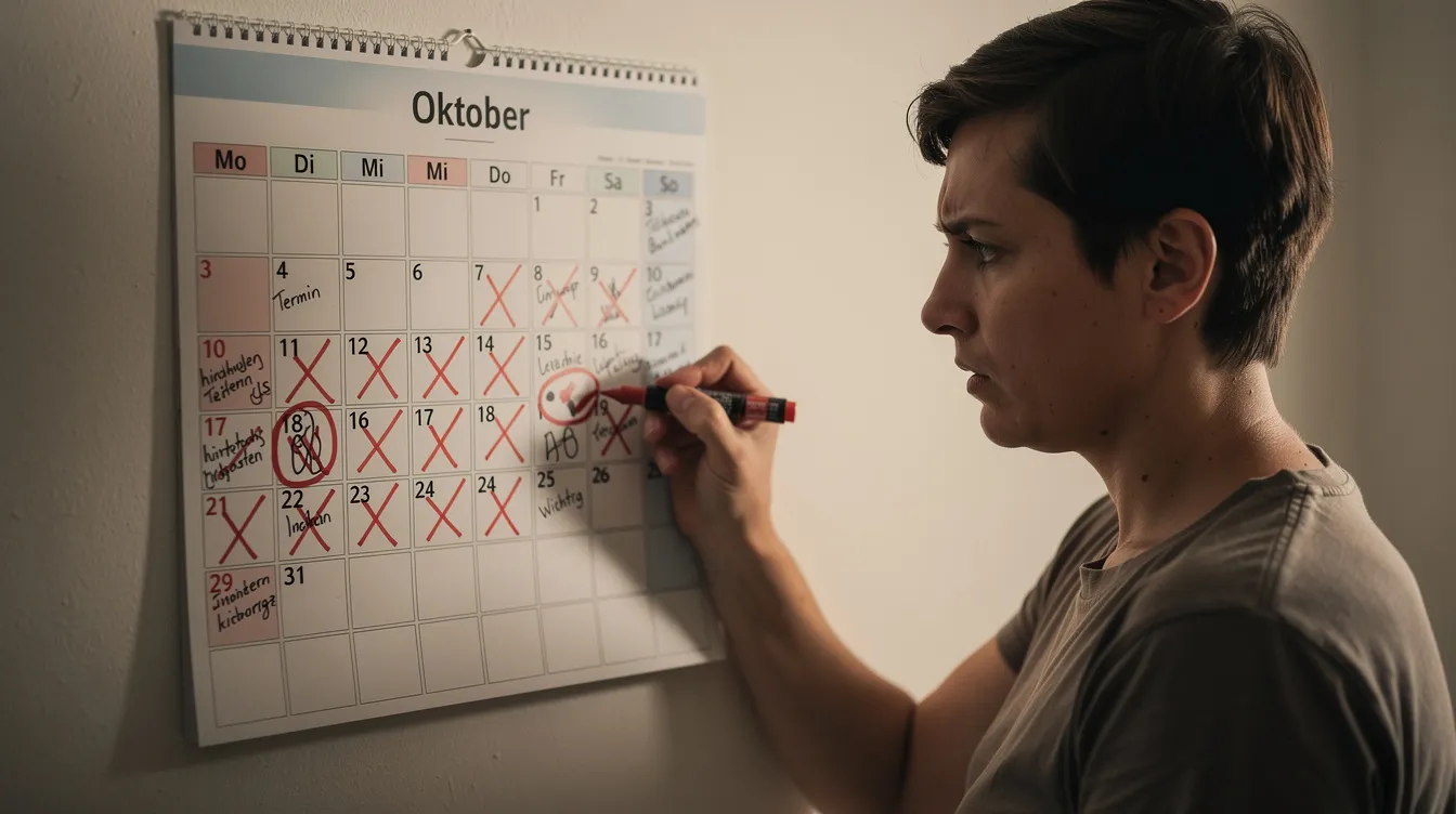 Eine besorgte Person schaut auf einen Wandkalender, auf dem sie wichtige Tage markiert hat, möglicherweise im Zusammenhang mit der Beantragung von Arbeitslosengeld I (ALG 1) und den damit verbundenen Sperrfristen. Der Gesichtsausdruck deutet auf Unsicherheit hin, während sie über die Folgen einer Kündigung nachdenkt.