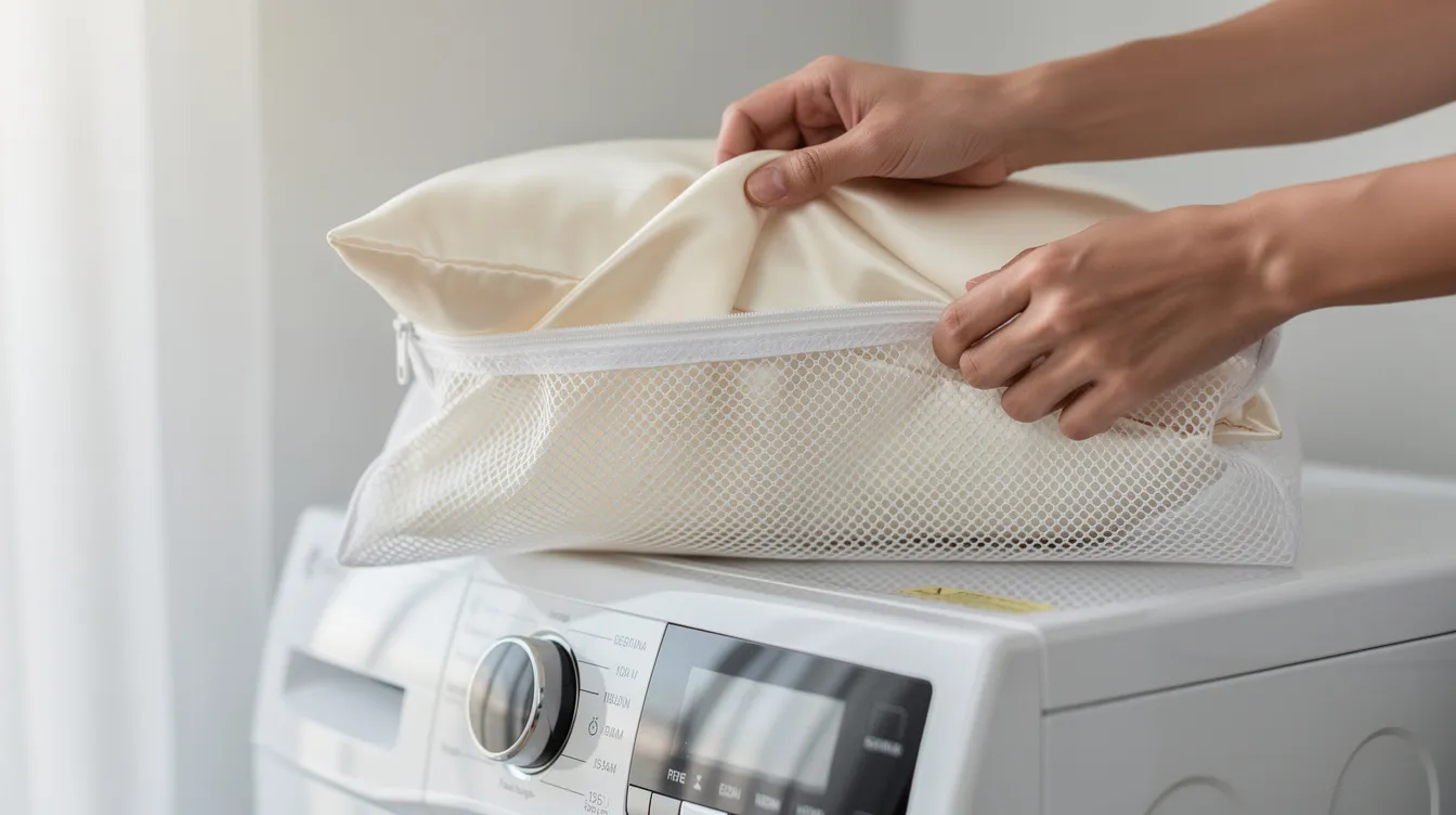 A pair of hands is gently placing a luxurious silk pillowcase into a mesh laundry bag, preparing it for washing. This careful handling helps preserve the silk fabric's smooth surface, which is known for its benefits for sensitive skin and hair, unlike rougher fabrics like cotton.