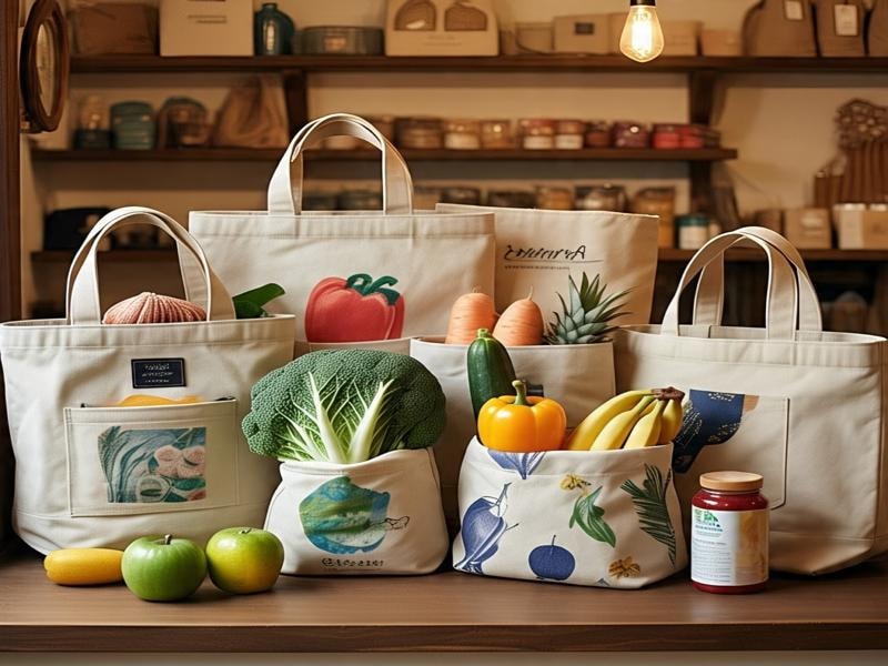 Canvas tote bags in different sizes and styles, filled with various items like fruits and vegetables, casually arranged together.