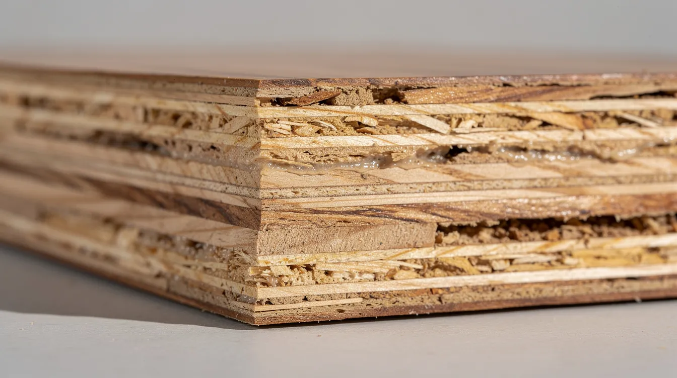 The image shows a close-up view of an engineered wood panel, highlighting its layered construction which may include synthetic adhesives and non-toxic materials. This type of wood is often used in sauna environments, contributing to improved indoor air quality and safety during sauna sessions.