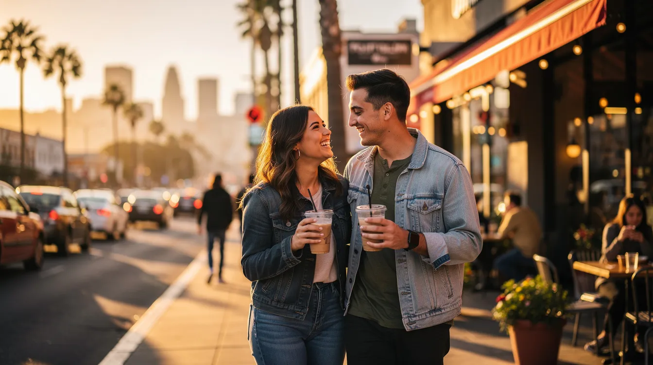 A couple enjoys a romantic evening on their first date in Los Angeles, surrounded by the vibrant atmosphere of Santa Monica. They share laughter and conversation, connecting as they explore the fun and exciting world of LA singles.