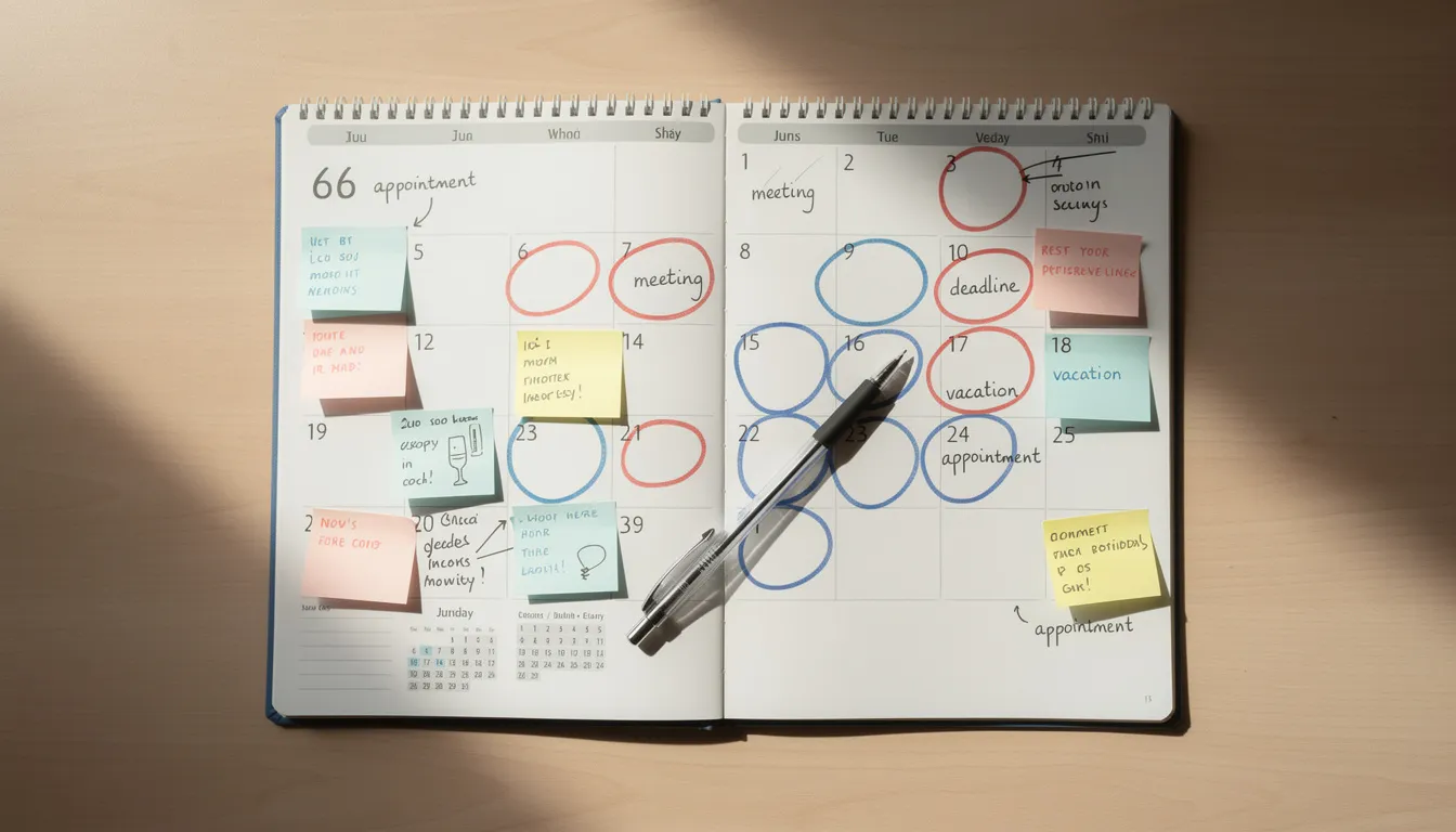 The image features a calendar filled with marked dates and handwritten planning notes, indicating important deadlines and tasks related to a credit repair business. The notes likely pertain to the credit repair process, tracking clients' credit repair progress, and managing dispute letters for addressing inaccuracies in credit reports.