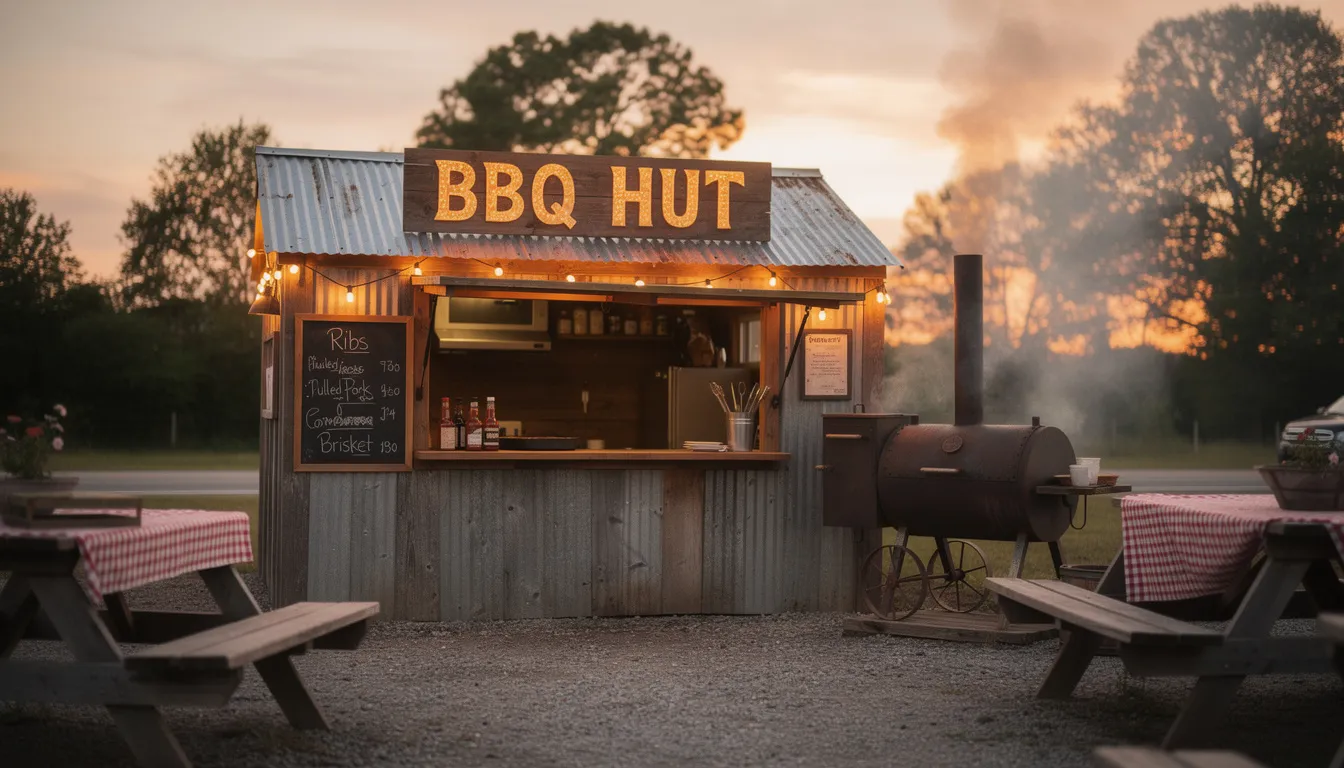 The image shows a cozy BBQ hut with a roof covered structure, featuring double glazed windows and a hexagon window that allows natural light to fill the space. Inside, there are benches and a table, making it an ideal spot for family and friends to enjoy a grill experience year-round, regardless of the weather.