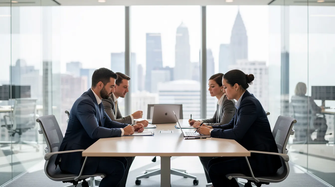 The image depicts a professional consultation meeting in a modern office setting, where a diverse group of individuals engage in discussions about comprehensive estate planning. They are focused on topics such as inheritance laws, tax implications, and asset protection, highlighting the importance of professional guidance for expats navigating the estate planning process in the UAE and multiple jurisdictions.