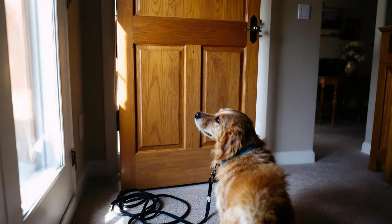 A dog stands by the front door, tail wagging with excitement as it waits for its pet parent to arrive home, showcasing its keen sense of time and routine. Nearby, a leash hangs, indicating it