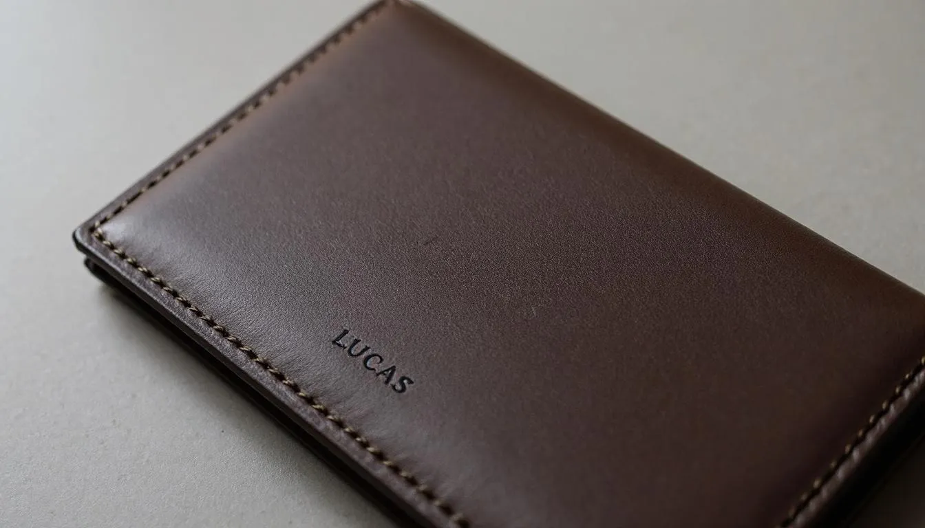 Een gepersonaliseerde portemonnee met naam bedrukt.