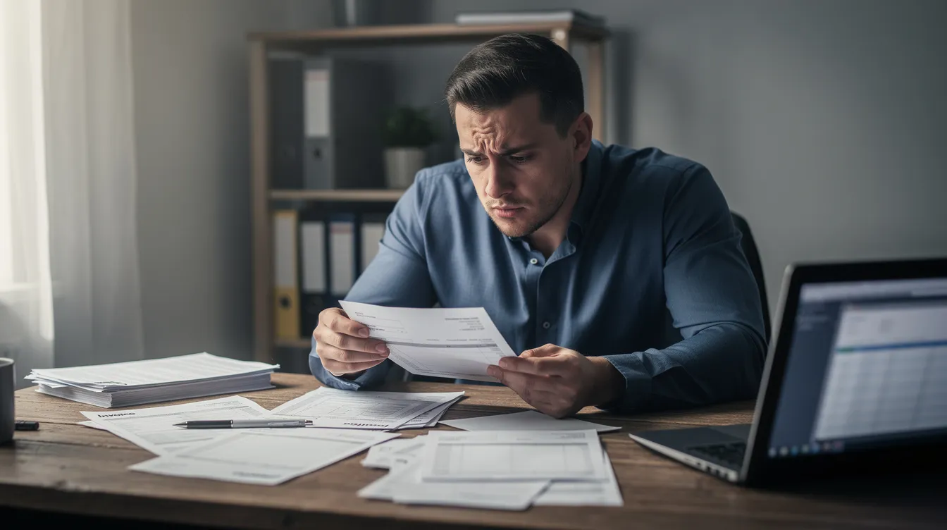 A small business owner sits at a desk, looking worried as they review documents related to a loan application for financial assistance. The scene reflects the stress of navigating required documents and interest rates associated with availing a mudra loan for their business.