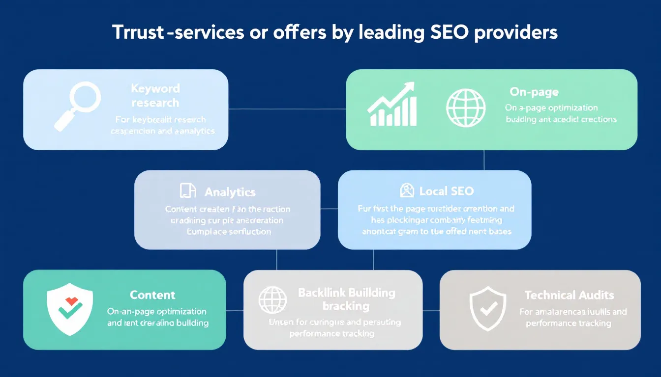 The image illustrates a collection of key services offered by leading SEO providers, including SEO consulting, keyword research, and link building. It highlights how these SEO strategies can enhance online visibility and drive organic traffic for businesses, particularly through tailored SEO services and proven marketing strategies.