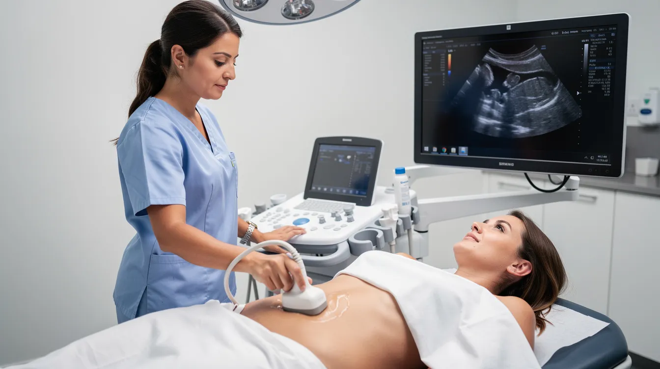 A medical professional is conducting a clinical examination by using an ultrasound probe on a patient's abdomen, assessing for signs of fluid accumulation or seroma formation following a surgical procedure. This examination helps to monitor the recovery process and identify any potential complications, such as fluid pockets or infection at the incision site.