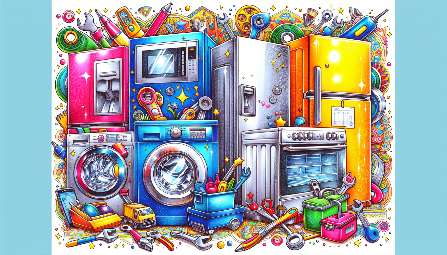 An illustration of multiple home appliances, including washers and refrigerators, to highlight additional repair services.