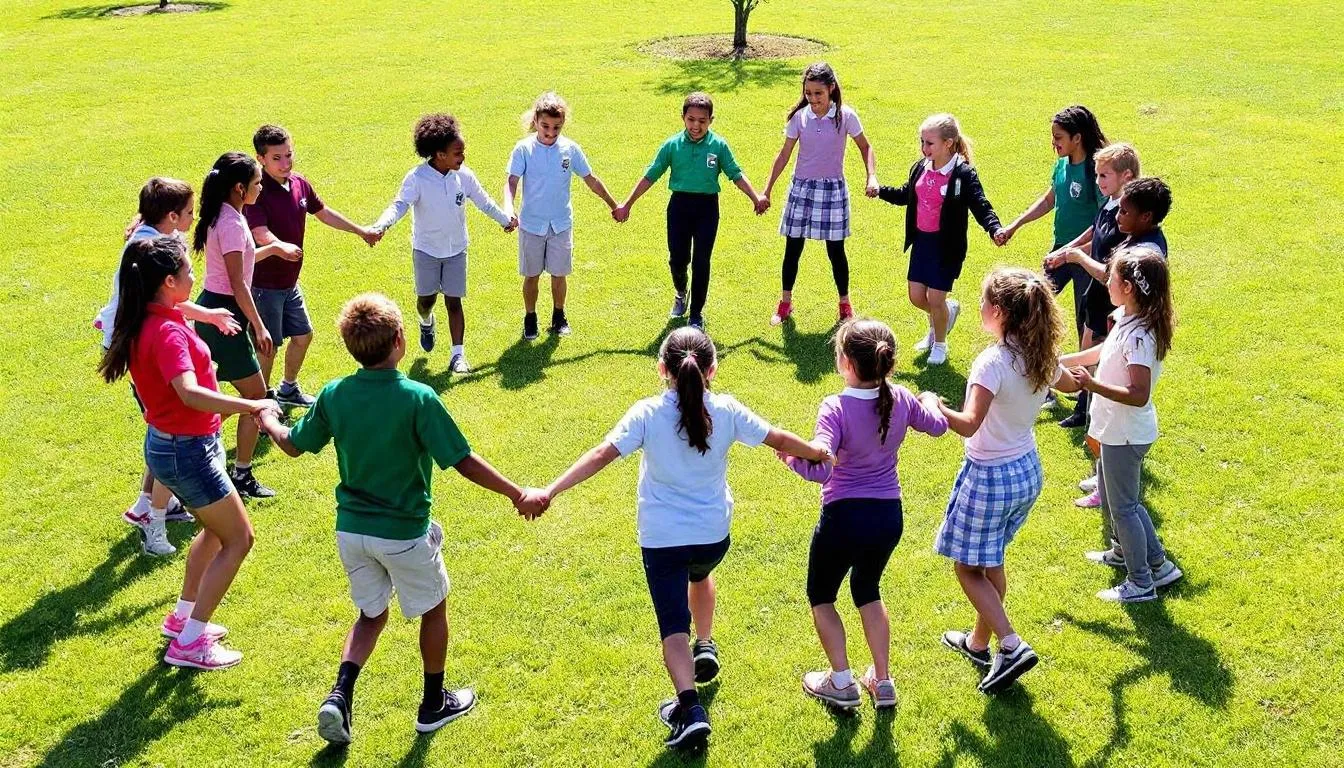 In der Mitte eines Spielkreises stehen eine Gruppe von fröhlichen Kindern, die gemeinsam verschiedene Kreisspiele im Kindergarten spielen. Sie lachen, tanzen und singen, während sie im Kreis stehen und ihre Kreativität und Teamwork fördern.