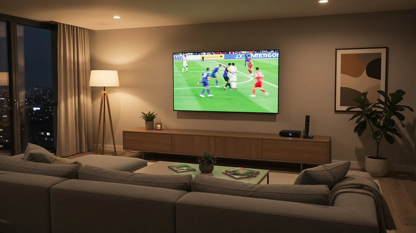 A modern living room features a large flat-screen TV showcasing a vibrant sports broadcast, with a streaming device placed on the entertainment center, perfect for enjoying live TV channels. The setup ensures high-quality streaming and smooth playback, ideal for fans looking to stream Kenoa TV's extensive channel lineup.