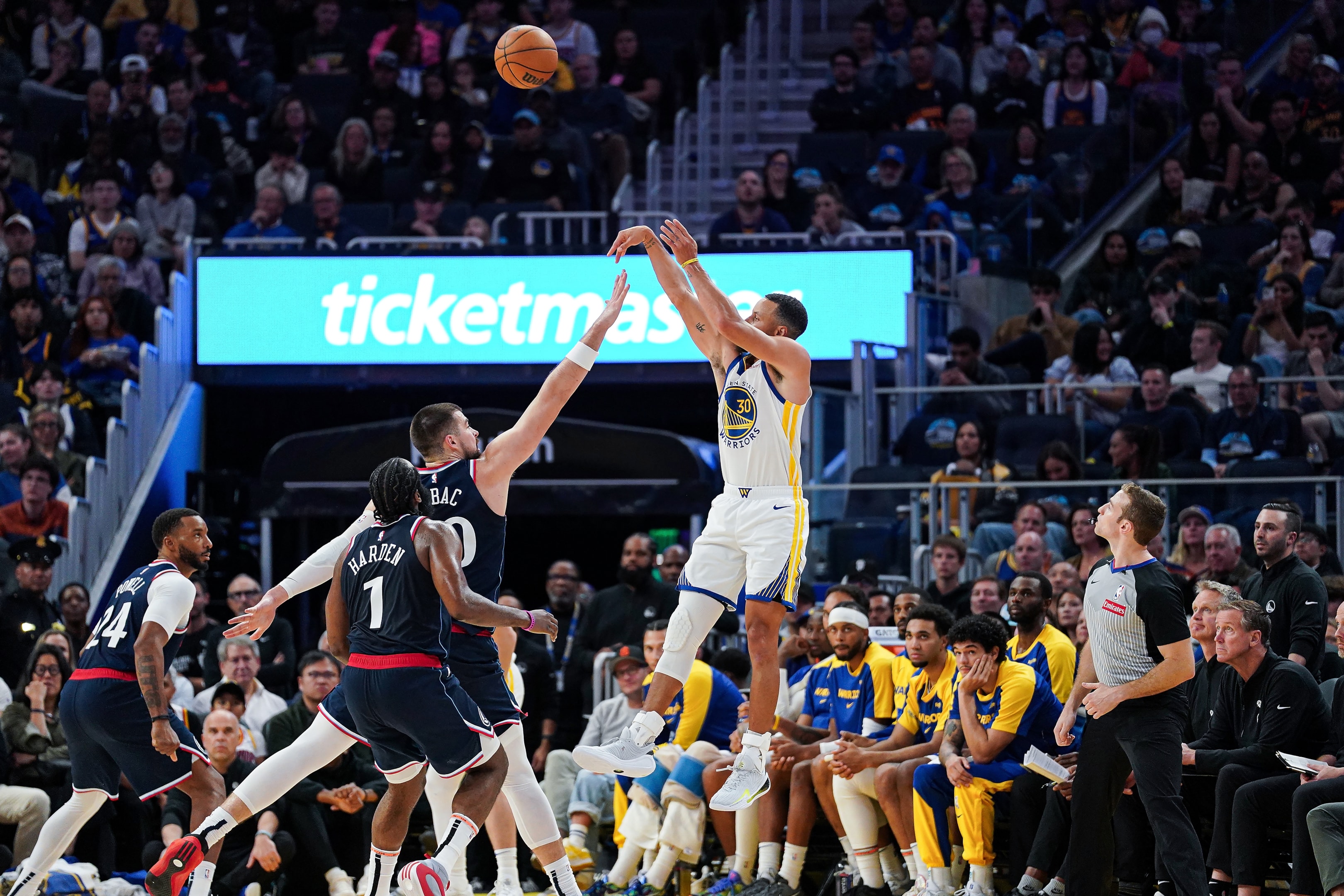 Stephen Curry of the Golden State Warriors attempts a three pointer against the Los Angeles Clippers at Chase Center on October 27, 2024 in San Francisco, California. 