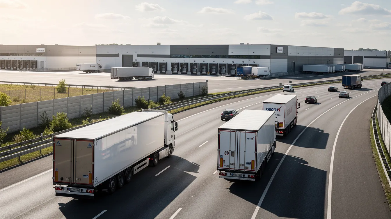 The image depicts heavy transport trucks traveling on a modern highway, with large logistics warehouses visible in the background, highlighting the essential role of transportation in the business sector. This scene reflects potential business opportunities in Maharashtra, particularly in logistics and supply chain management.
